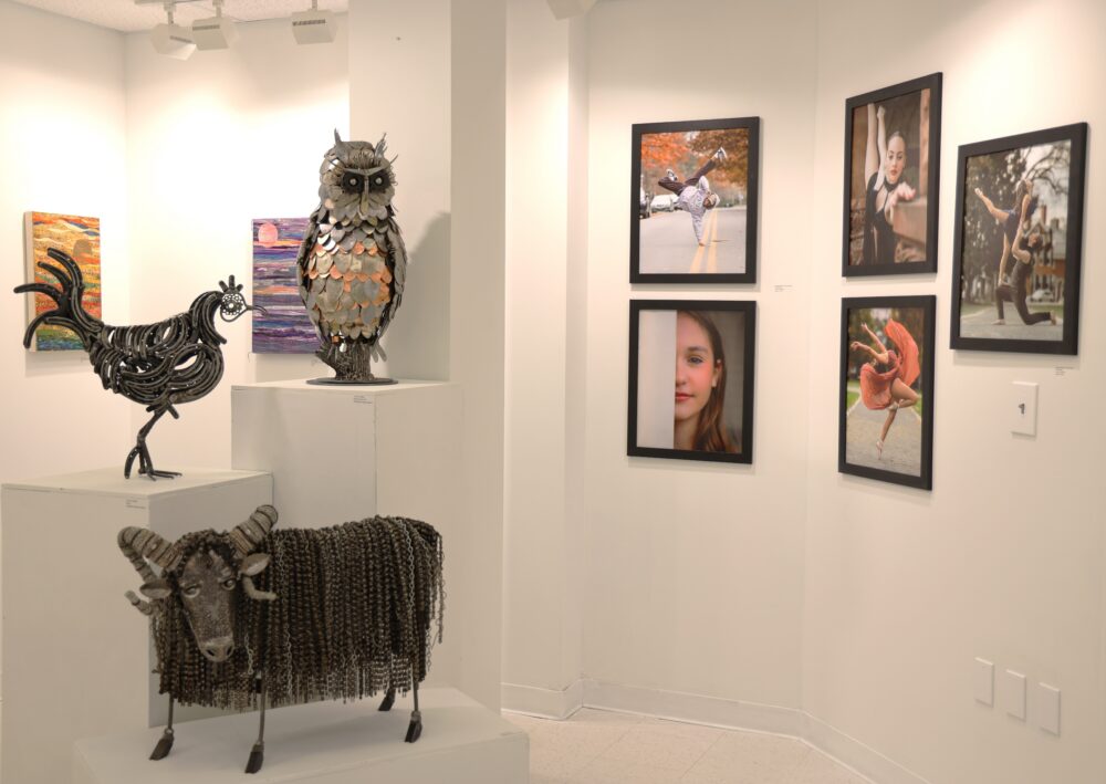 An art gallery with photos and metal animal sculptures